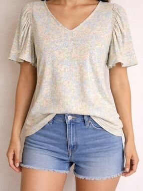 CJ Banks Women's Floral Top Ribbed Flutter Sleeve 1X